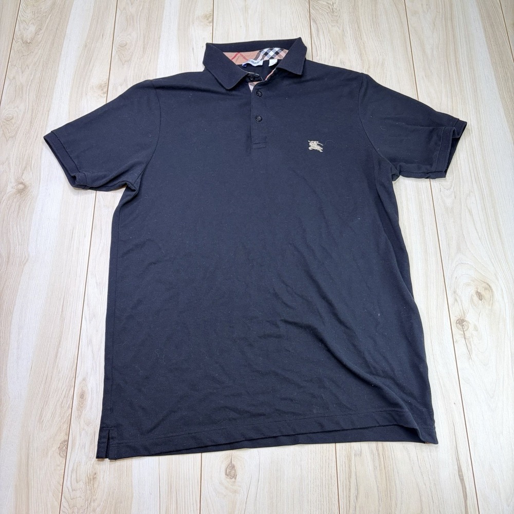 Burberry London Men's Check Pattern Polo Shirt Black Size XL Slim Fit Logo - Picture 2 of 12